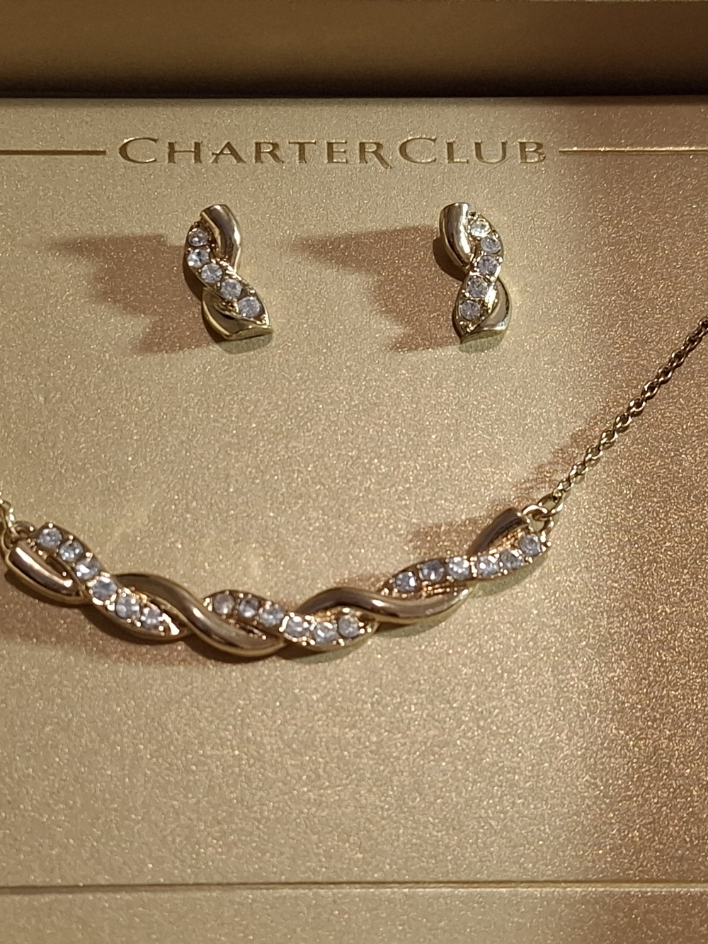 Charter Club Gold and Clear Crystal Twisted Necklace with Stud Earrings